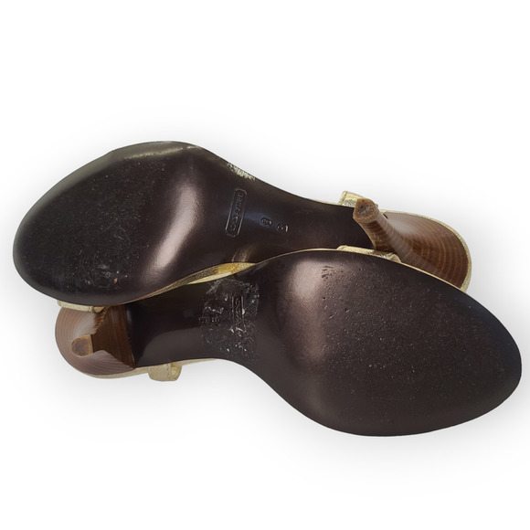 COACH Gold Leather Sandals T-Strap Lucky Charm Heels Women's 9B - Picture 3 of 10